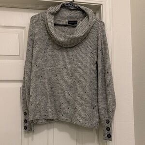 Fortune + Ivy Speckled Ribbed Sweater with Buttons on Sleeves- Light Gray